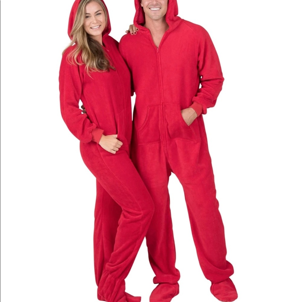 FOOTEDPAJAMAS.COM Red Adult Hoodie Footed Pajamas